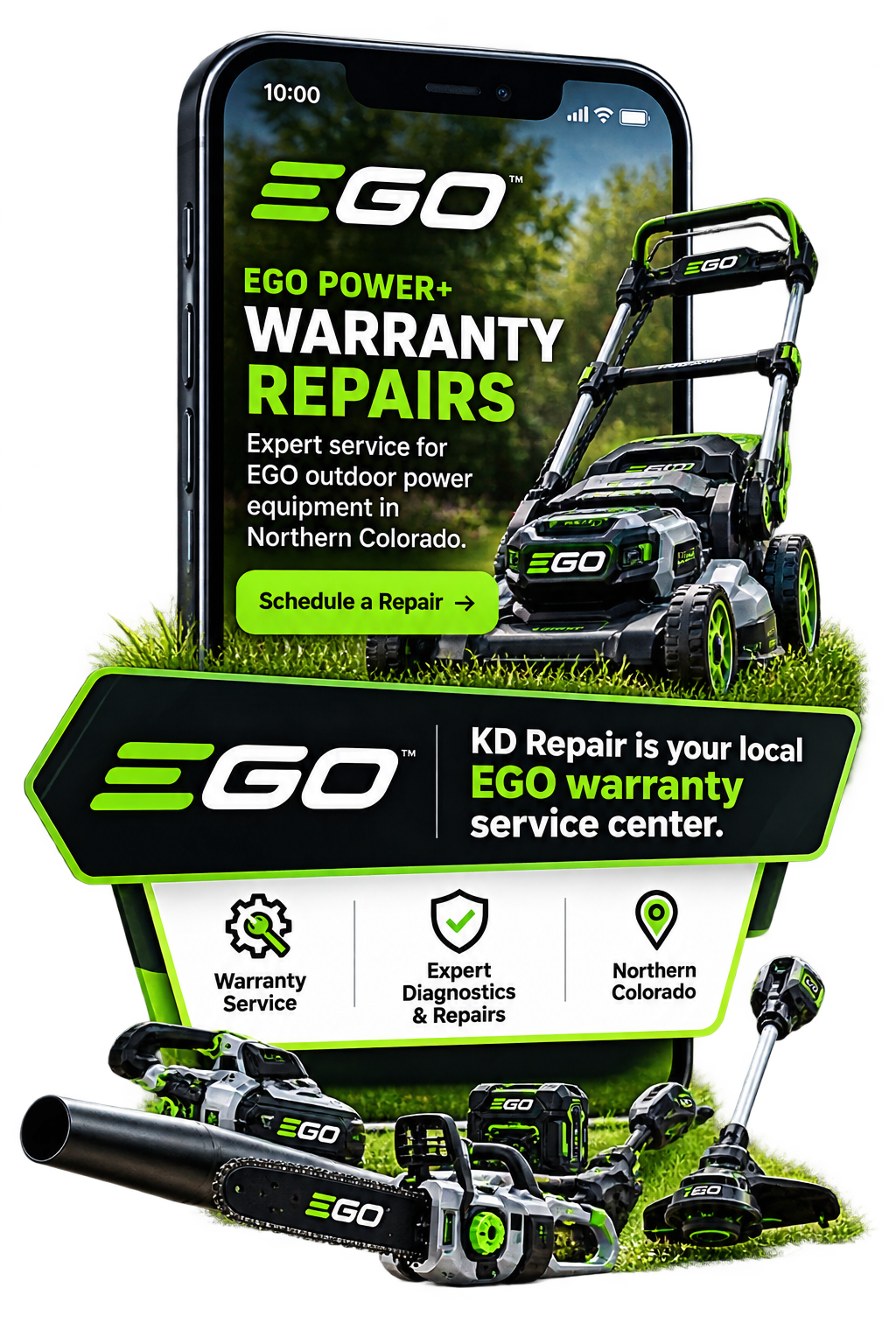 EGO Power+ warranty repairs — KD Repair is your local EGO warranty service center in Northern Colorado, servicing EGO mowers, string trimmers, leaf blowers, chain saws, multi-head systems and batteries